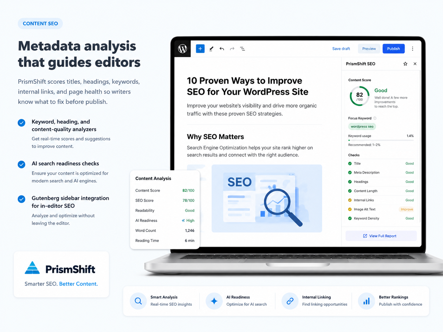 Ferendo content SEO analysis with title, heading, keyword, and page-health scoring